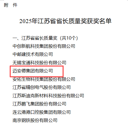 邁安德榮獲2025江蘇省省長質量獎